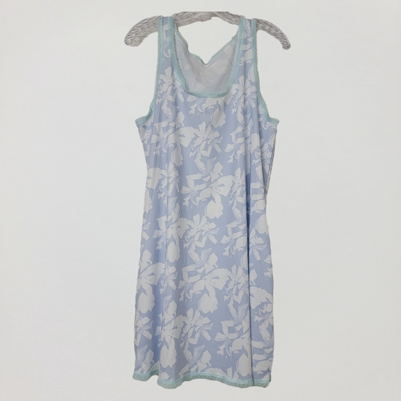 Tracy Blue White Floral Tank Slip Chemise Sleeveless Nightgown Lace Trim. Sz-L - Picture 1 of 7